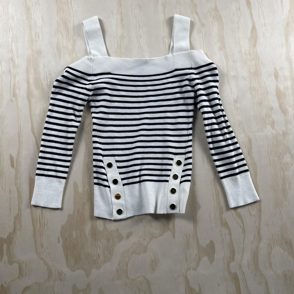 Express Sweater Womens Petite Small White Striped Square Neck Button Detail Knit